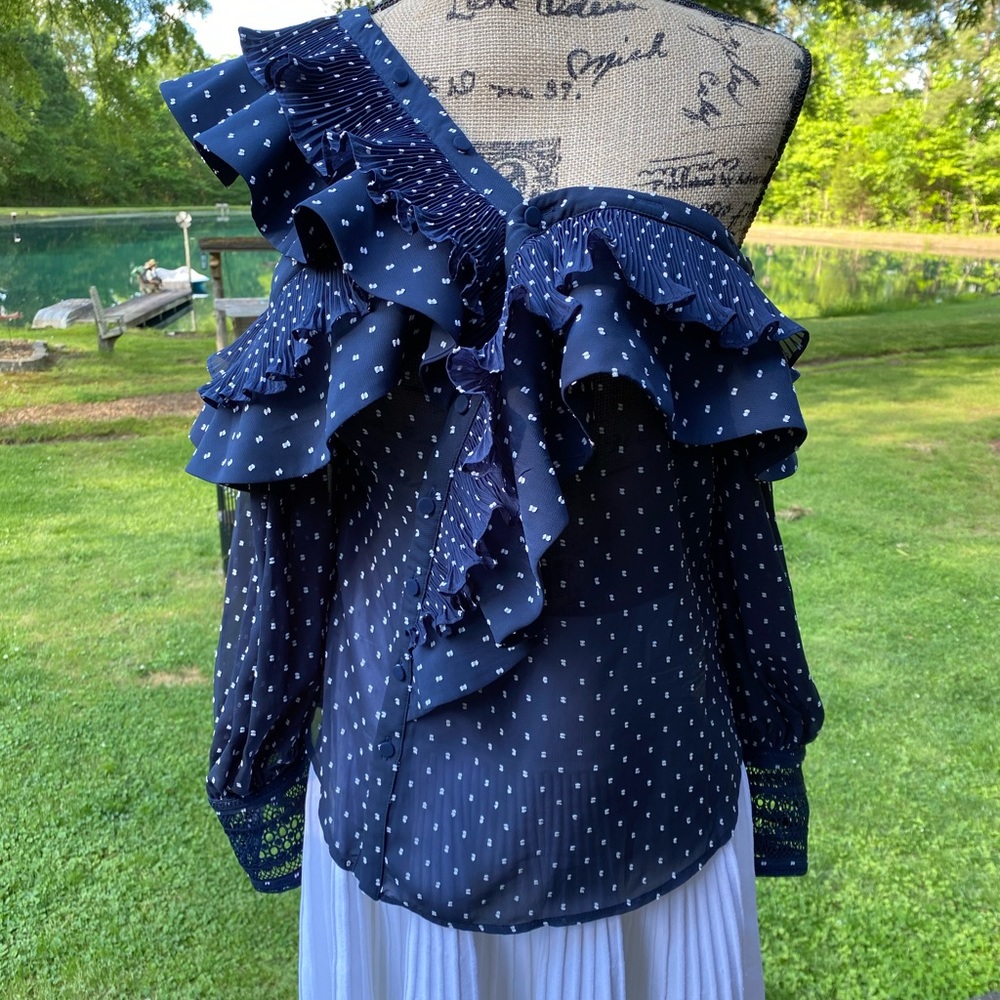 Cold-shoulder Lace Ruffled Polka Dot Crepe Top